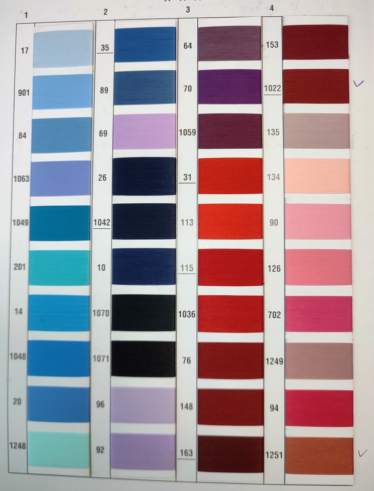 Карта цветов полиэфирных нитей — палитра 1: розовые, синие, красные, бежевые оттенки