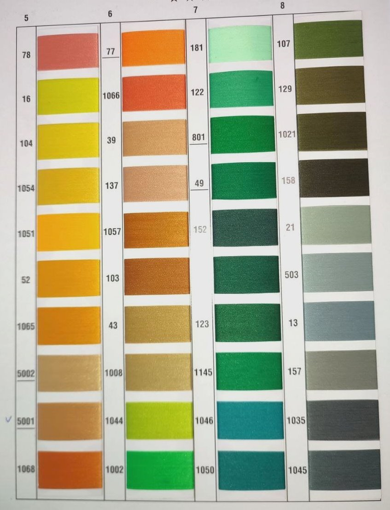 Карта цветов полиэфирных нитей — палитра 2: жёлтые, оранжевые, зелёные, оливковые оттенки